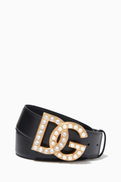 Dolce & Gabbana Belt with Rhinestone & Pearl Millenial DG Logo in Leather, 40mm