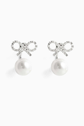 Self-Portrait Crystal Bow Pearl Jacket Earrings in Silver-plated Brass