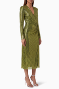Self-Portrait Wrap Midi Dress in Rhinestone Mesh