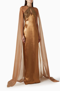 Tracy Studio Embellished Cape Gown in Glitter Silk